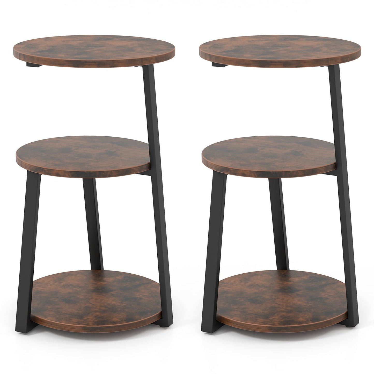 3-Tier Accent Round End Table with Metal Frame and Adjustable Foot Pads-2 Pack