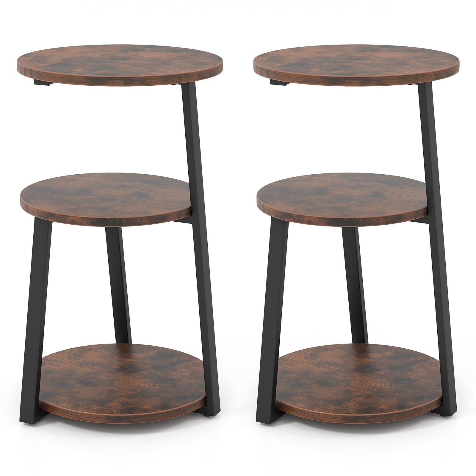 3-Tier Accent Round End Table with Metal Frame and Adjustable Foot Pads-2 Pack