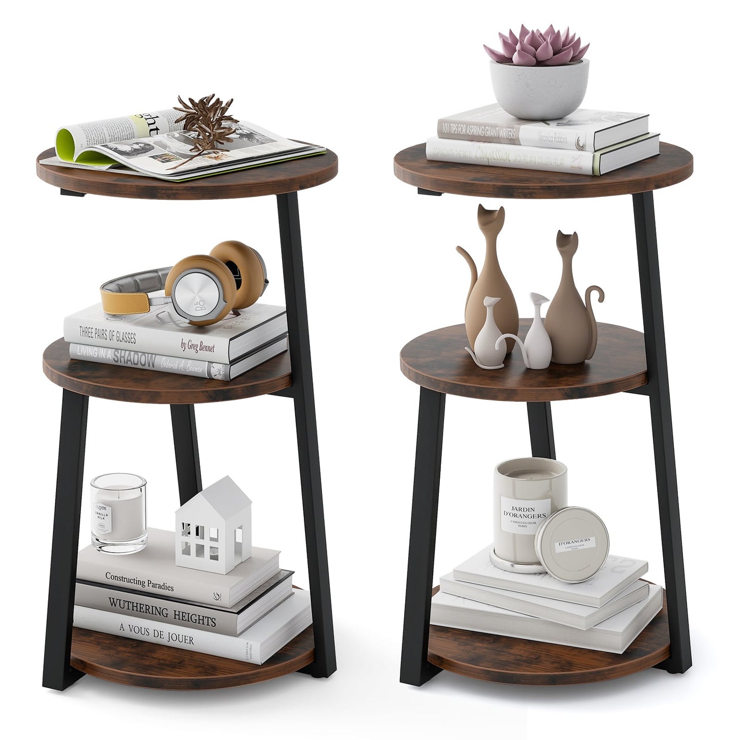 3-Tier Accent Round End Table with Metal Frame and Adjustable Foot Pads-2 Pack