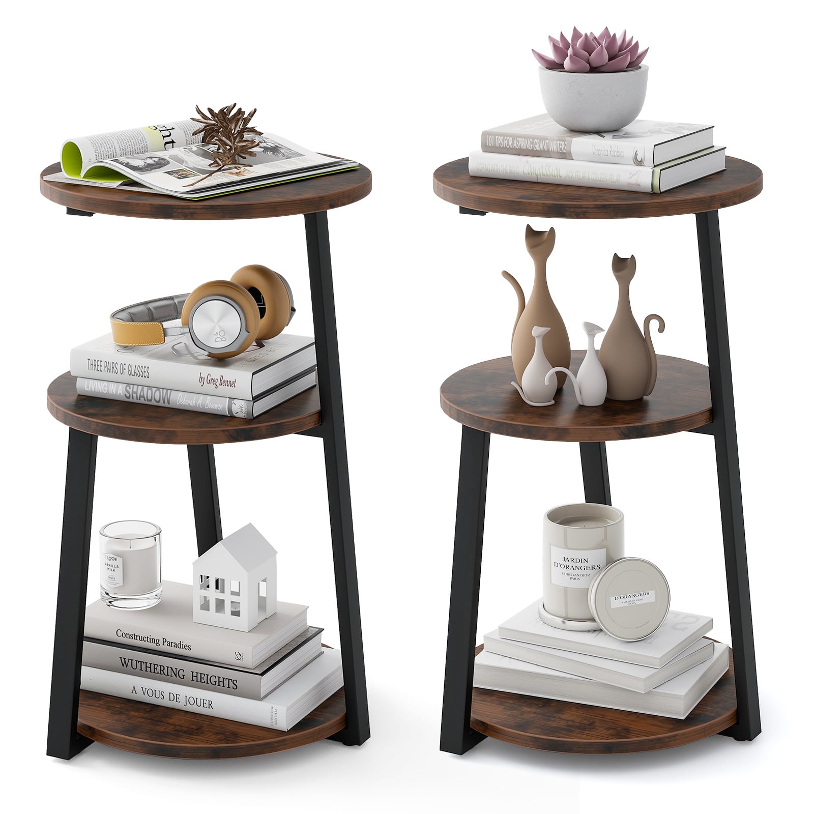 3-Tier Accent Round End Table with Metal Frame and Adjustable Foot Pads-2 Pack