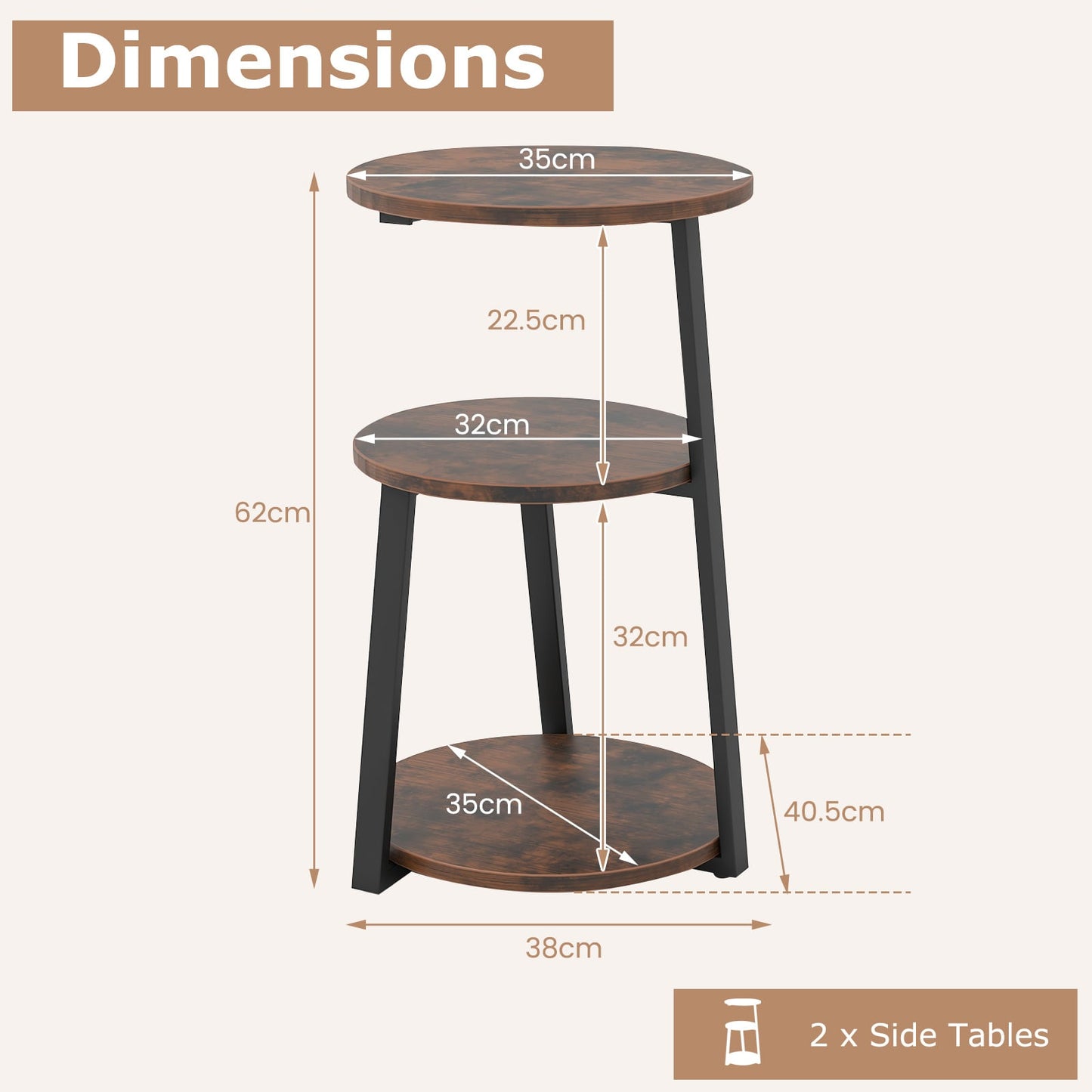 3-Tier Accent Round End Table with Metal Frame and Adjustable Foot Pads-2 Pack