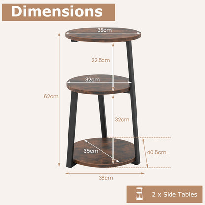 3-Tier Accent Round End Table with Metal Frame and Adjustable Foot Pads-2 Pack
