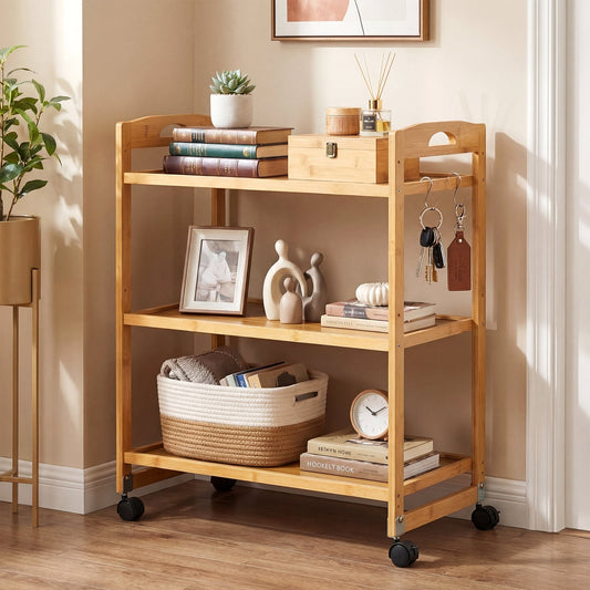 3-Tier Bamboo Rolling Cart with 2 Lockable Wheels and 3 Hooks for Kitchen-Natural