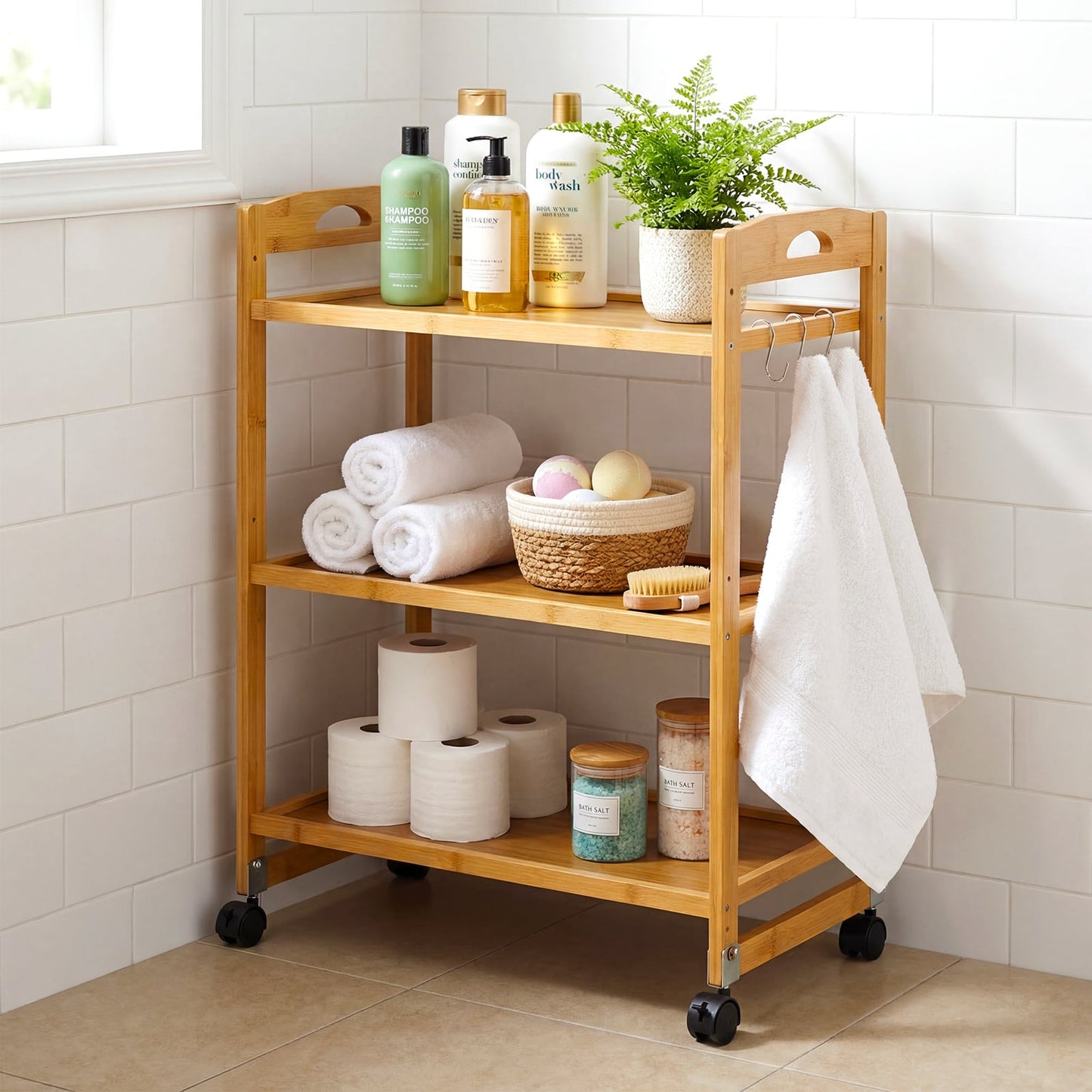 3-Tier Bamboo Rolling Cart with 2 Lockable Wheels and 3 Hooks for Kitchen-Natural