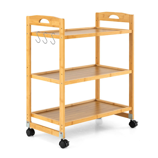 3-Tier Bamboo Rolling Cart with 2 Lockable Wheels and 3 Hooks for Kitchen-Natural