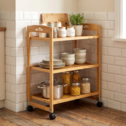 3-Tier Bamboo Rolling Cart with 2 Lockable Wheels and 3 Hooks for Kitchen-Natural