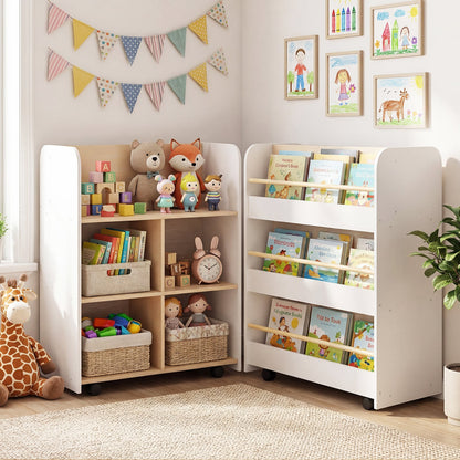 3-Tier Bookshelf for Kids with Wheels Double-sided Book Display-White