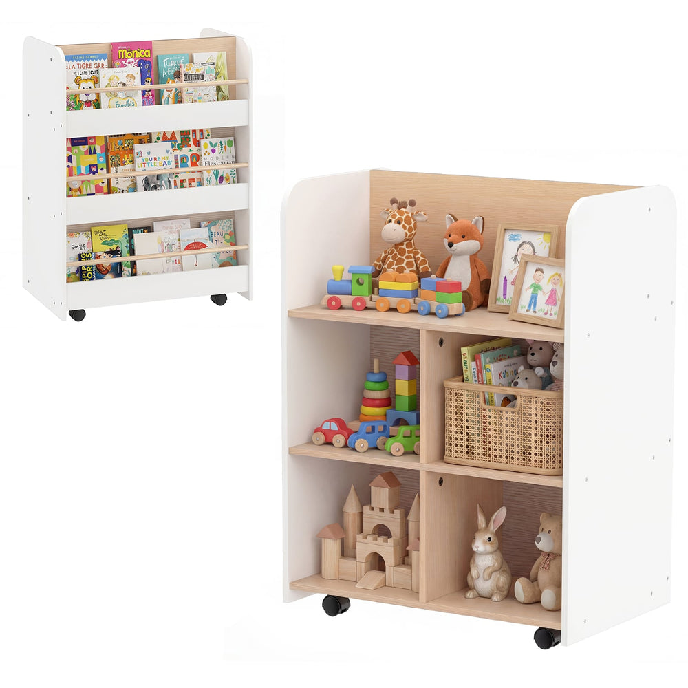 3-Tier Bookshelf for Kids with Wheels Double-sided Book Display-White