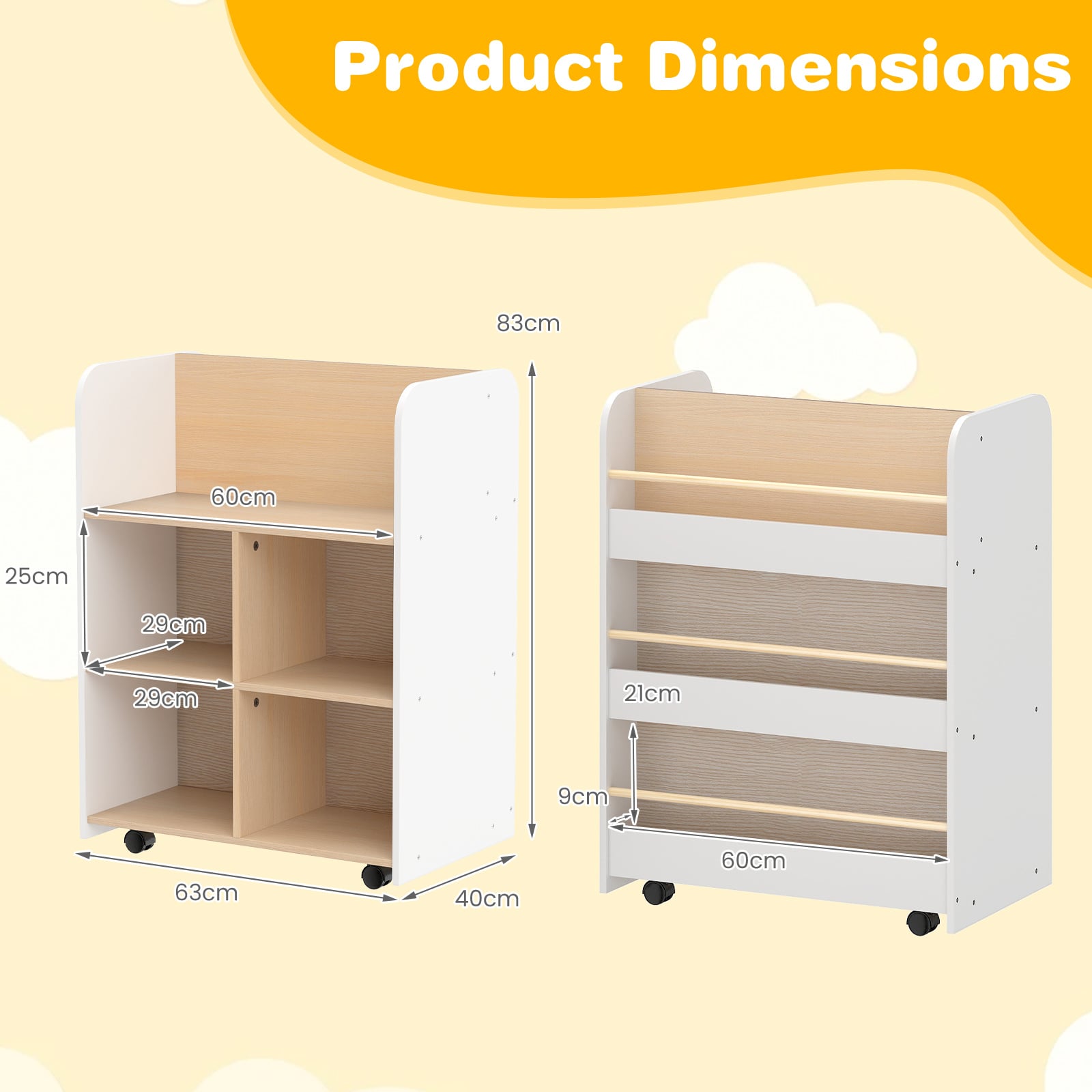 3-Tier Bookshelf for Kids with Wheels Double-sided Book Display-White