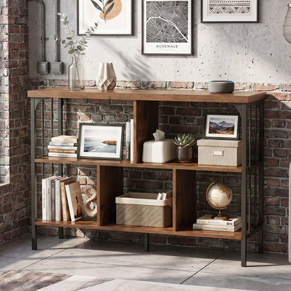 3-Tier Bookshelf with 2 Anti-Tipping Kits Metal Frame and Fencing-Rustic Brown