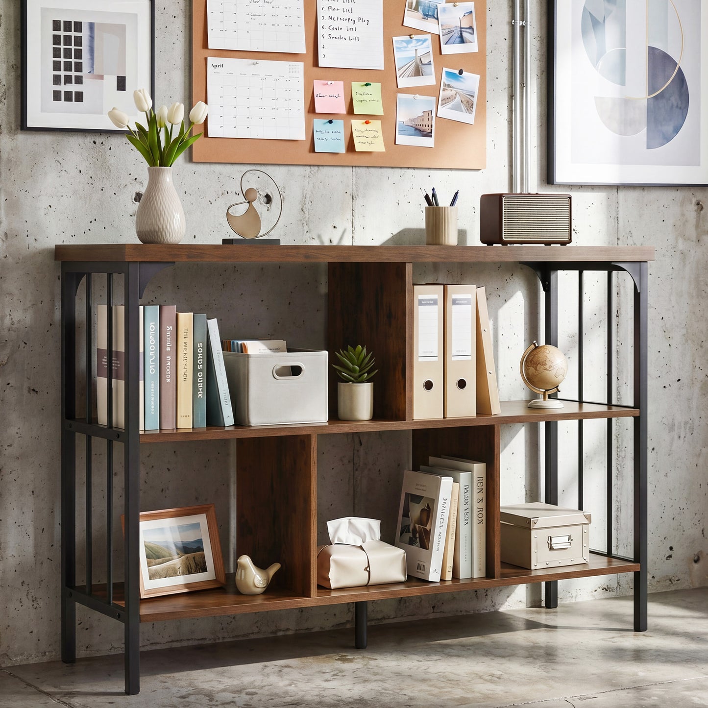 3-Tier Bookshelf with 2 Anti-Tipping Kits Metal Frame and Fencing-Rustic Brown