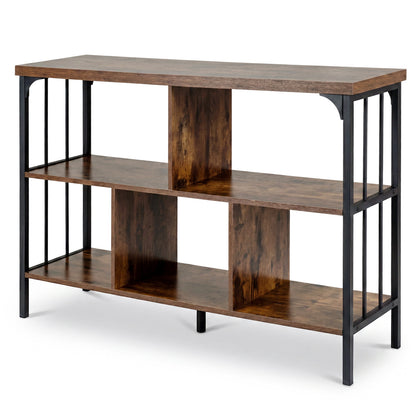 3-Tier Bookshelf with 2 Anti-Tipping Kits Metal Frame and Fencing-Rustic Brown