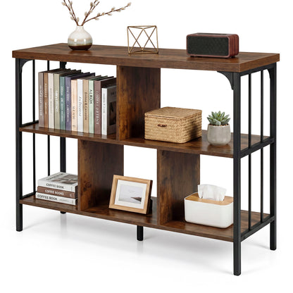 3-Tier Bookshelf with 2 Anti-Tipping Kits Metal Frame and Fencing-Rustic Brown