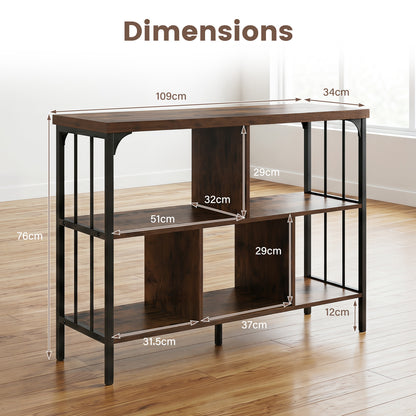3-Tier Bookshelf with 2 Anti-Tipping Kits Metal Frame and Fencing-Rustic Brown