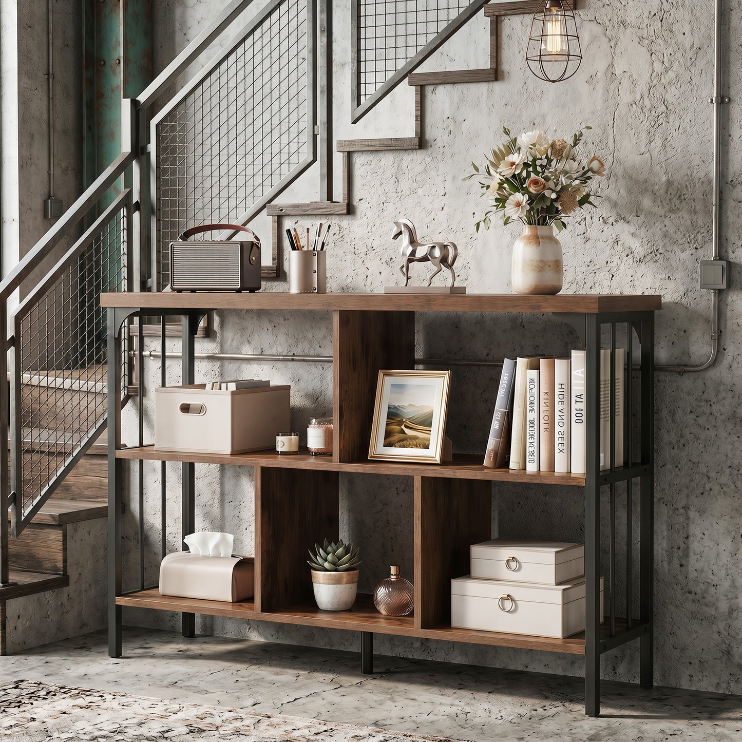3-Tier Bookshelf with 2 Anti-Tipping Kits Metal Frame and Fencing-Rustic Brown