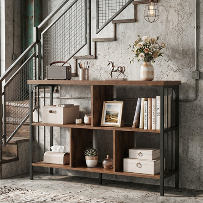 3-Tier Bookshelf with 2 Anti-Tipping Kits Metal Frame and Fencing-Rustic Brown