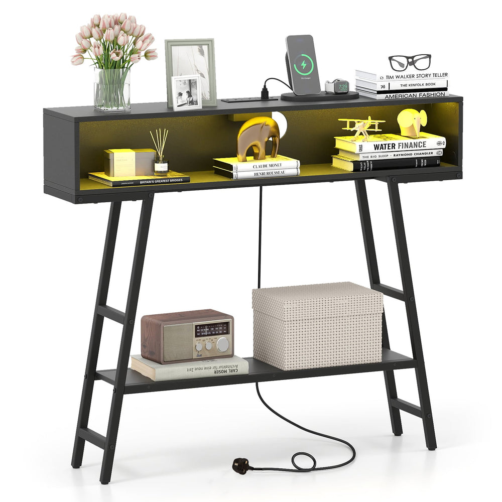 3-Tier Console Table with LED Light and Charging Station-Black
