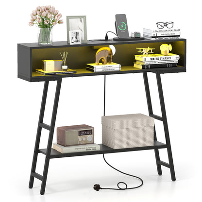 3-Tier Console Table with LED Light and Charging Station-Black
