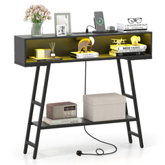 3-Tier Console Table with LED Light and Charging Station-Black