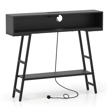 3-Tier Console Table with LED Light and Charging Station-Black