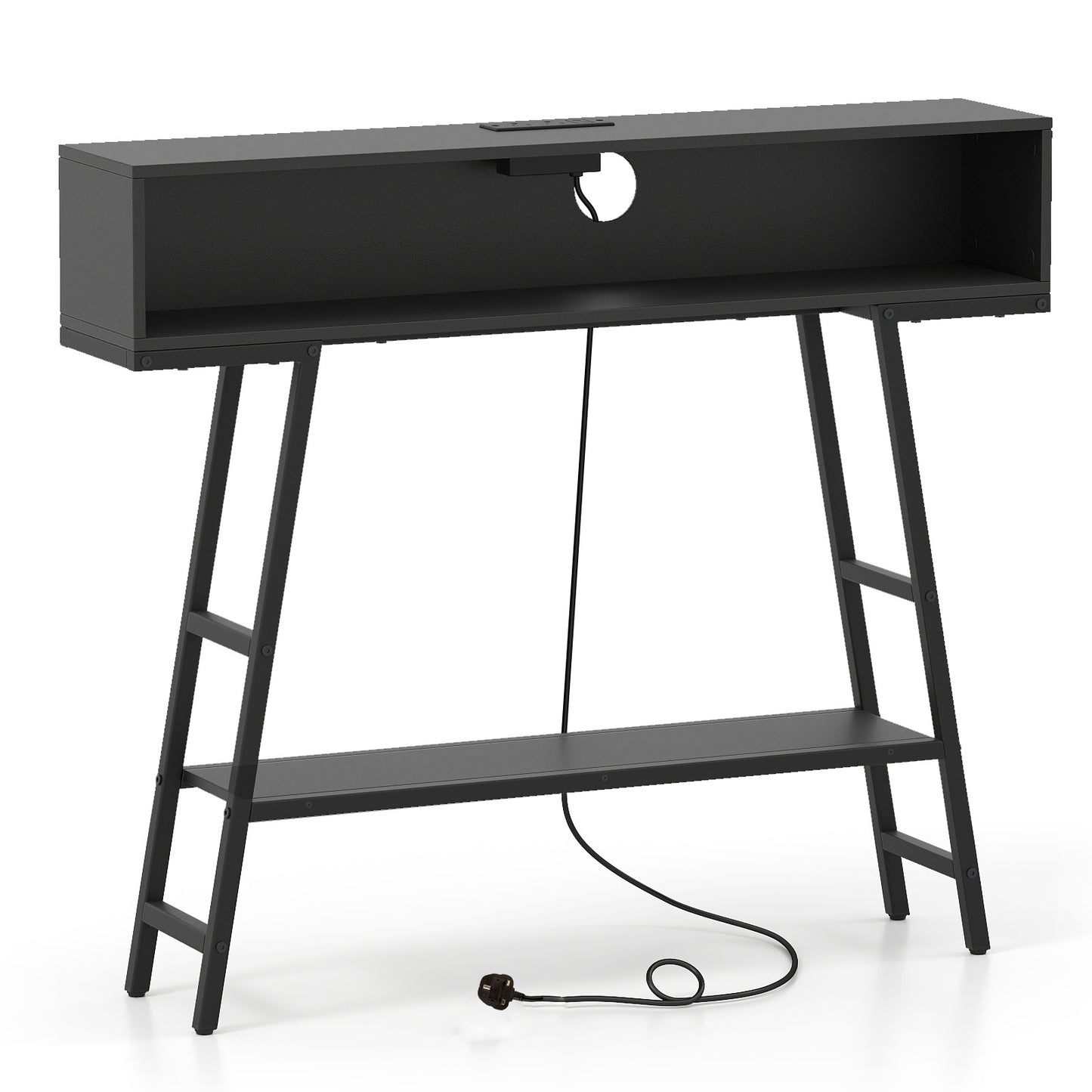 3-Tier Console Table with LED Light and Charging Station-Black