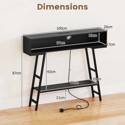 3-Tier Console Table with LED Light and Charging Station-Black