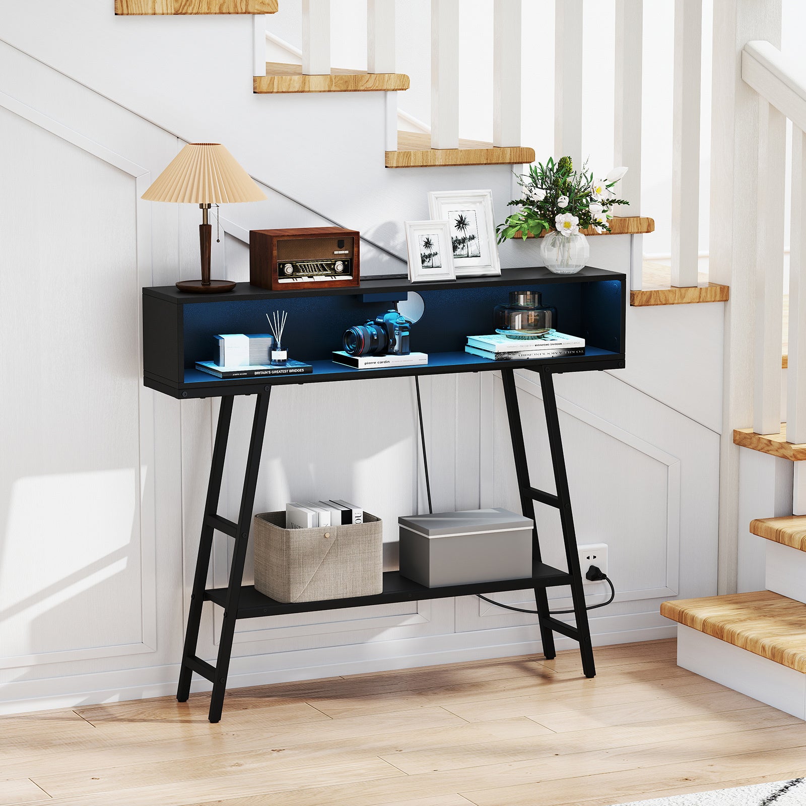 3-Tier Console Table with LED Light and Charging Station-Black
