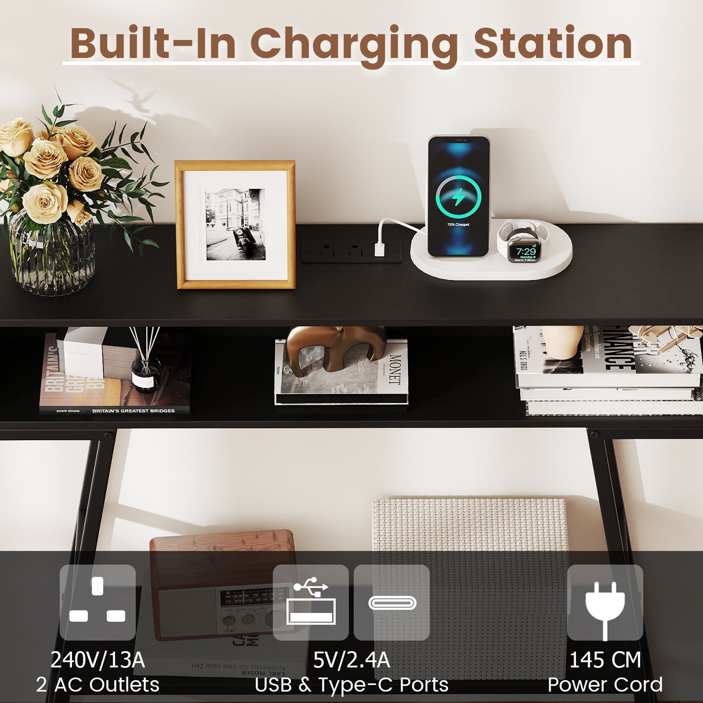 3-Tier Console Table with LED Light and Charging Station-Black