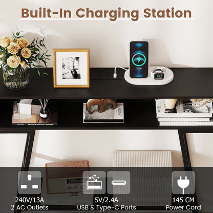 3-Tier Console Table with LED Light and Charging Station-Black