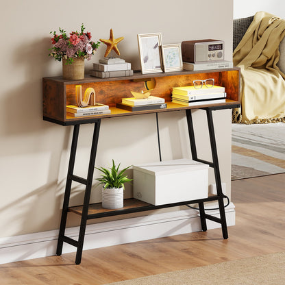 3-Tier Console Table with LED Light and Charging Station-Rustic Brown