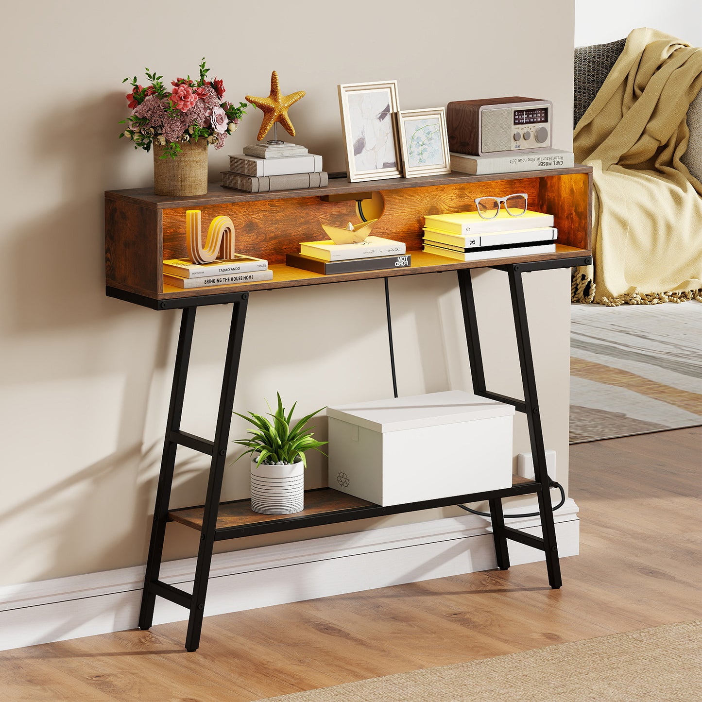 3-Tier Console Table with LED Light and Charging Station-Rustic Brown