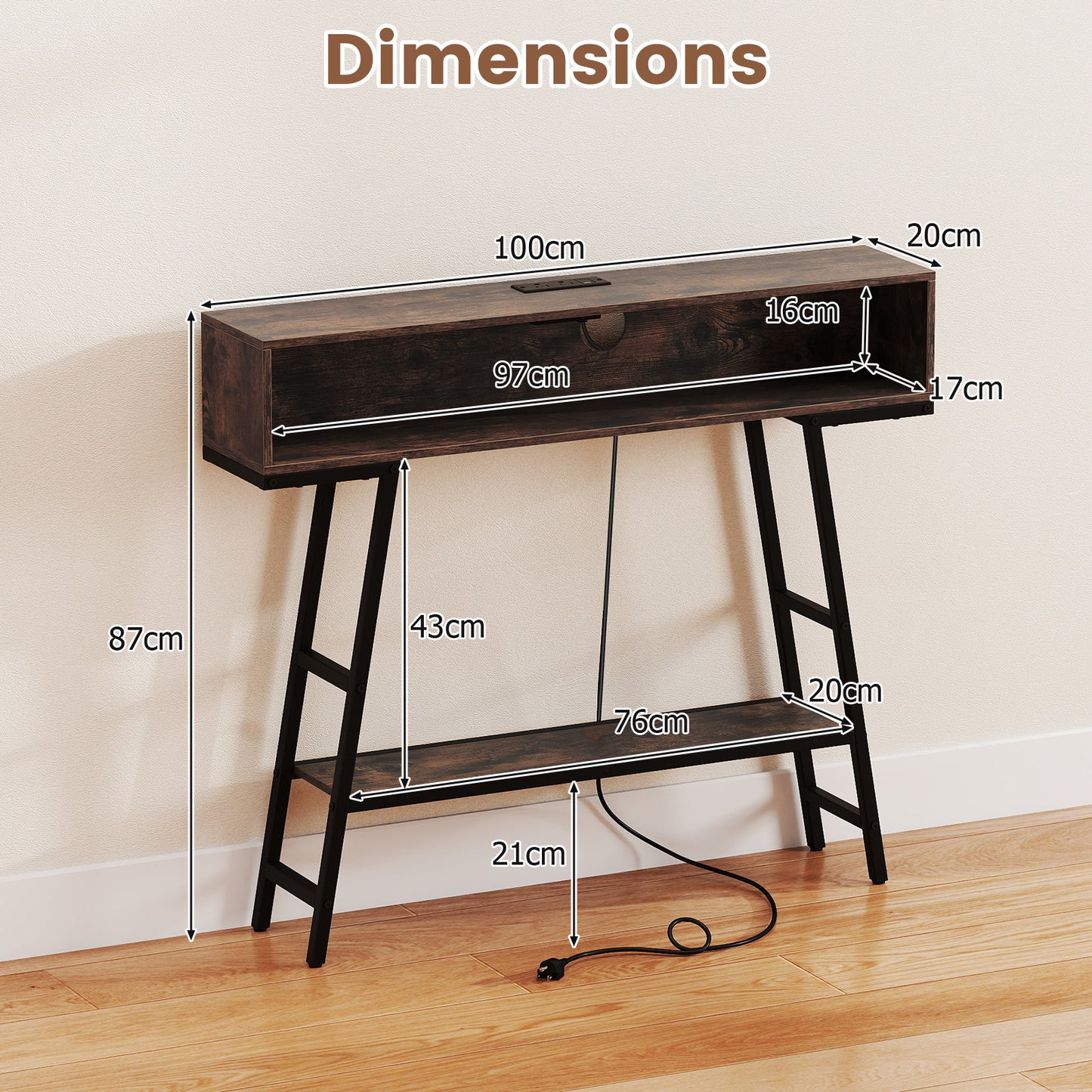 3-Tier Console Table with LED Light and Charging Station-Rustic Brown