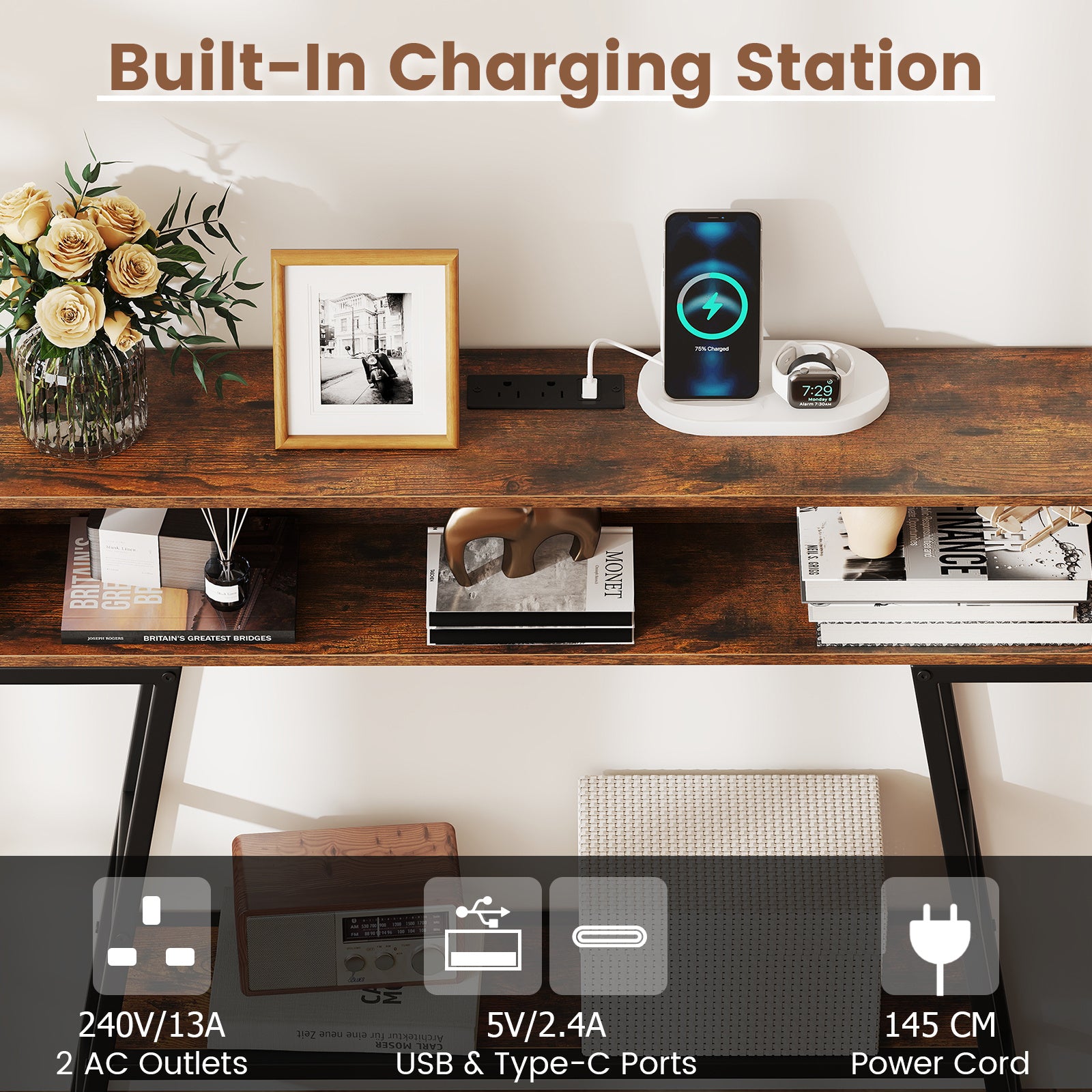 3-Tier Console Table with LED Light and Charging Station-Rustic Brown