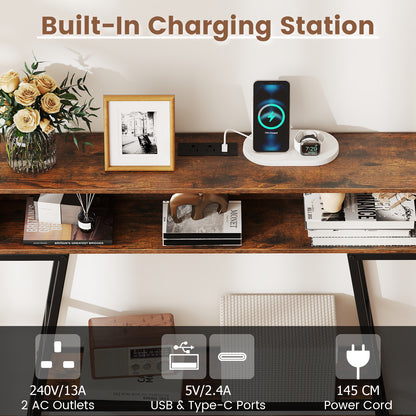 3-Tier Console Table with LED Light and Charging Station-Rustic Brown