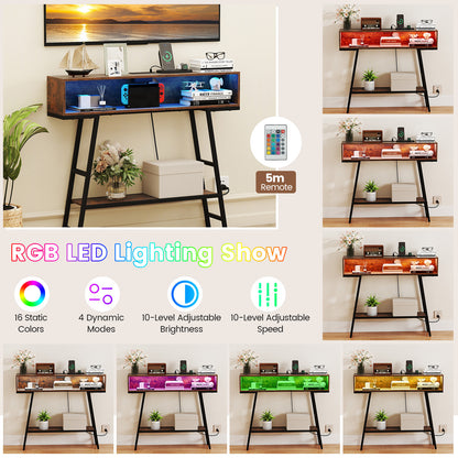 3-Tier Console Table with LED Light and Charging Station-Rustic Brown