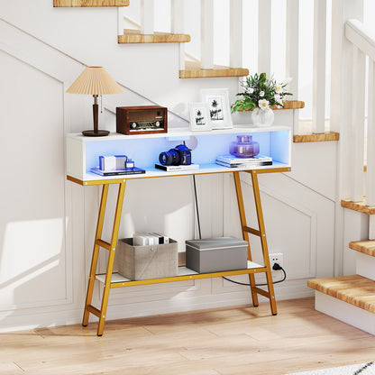 3-Tier Console Table with LED Light and Charging Station-White
