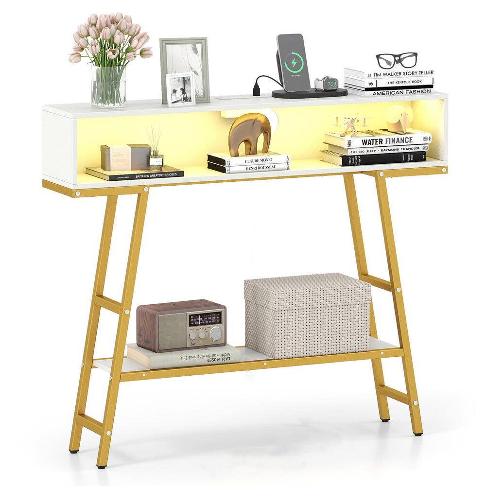 3-Tier Console Table with LED Light and Charging Station-White