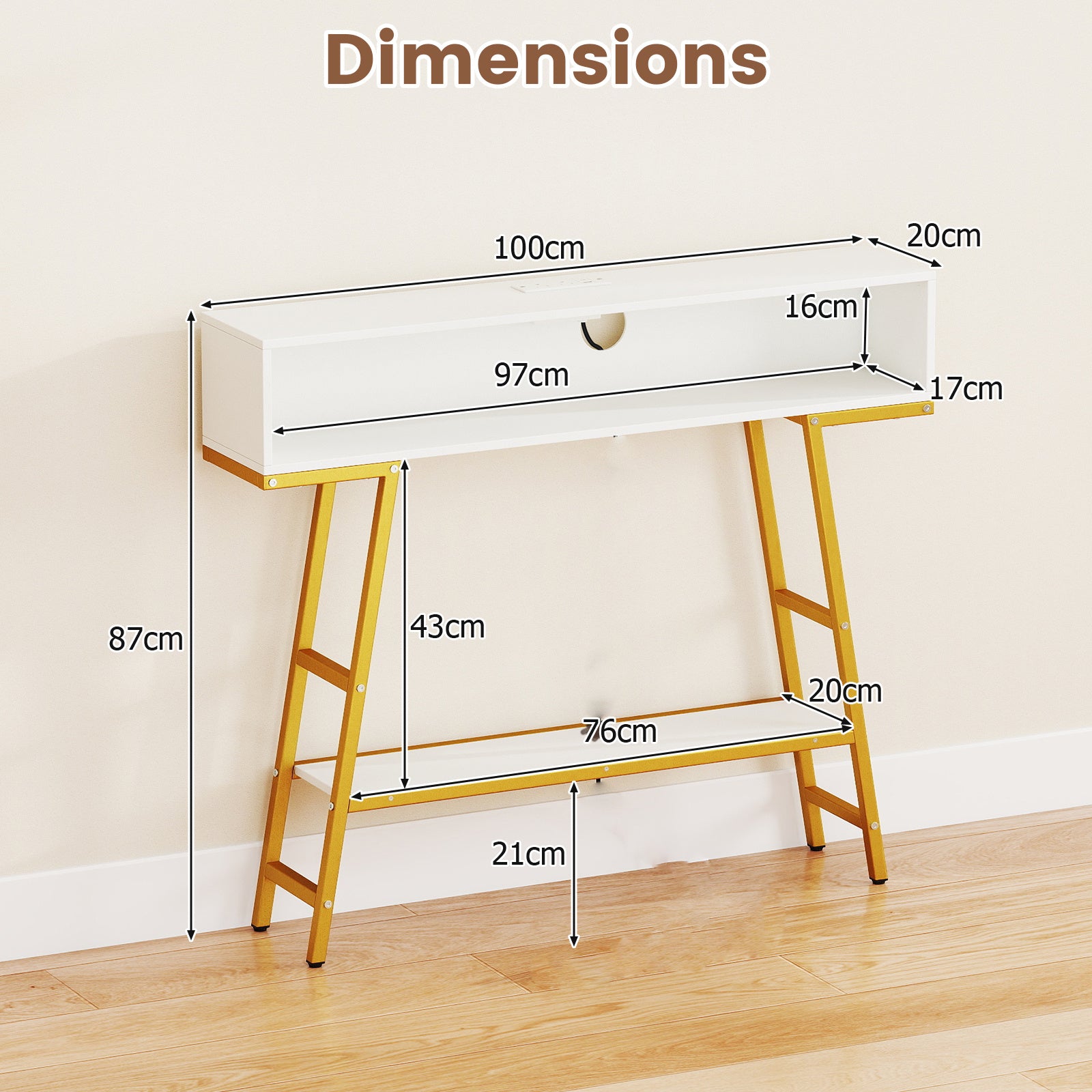 3-Tier Console Table with LED Light and Charging Station-White