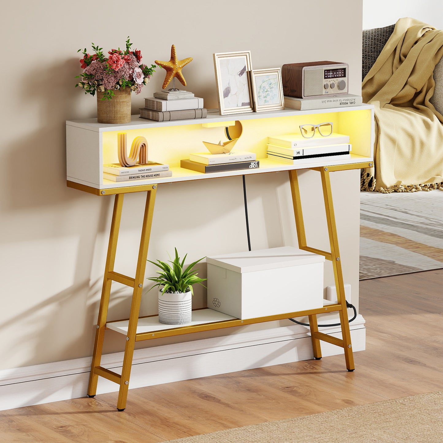 3-Tier Console Table with LED Light and Charging Station-White
