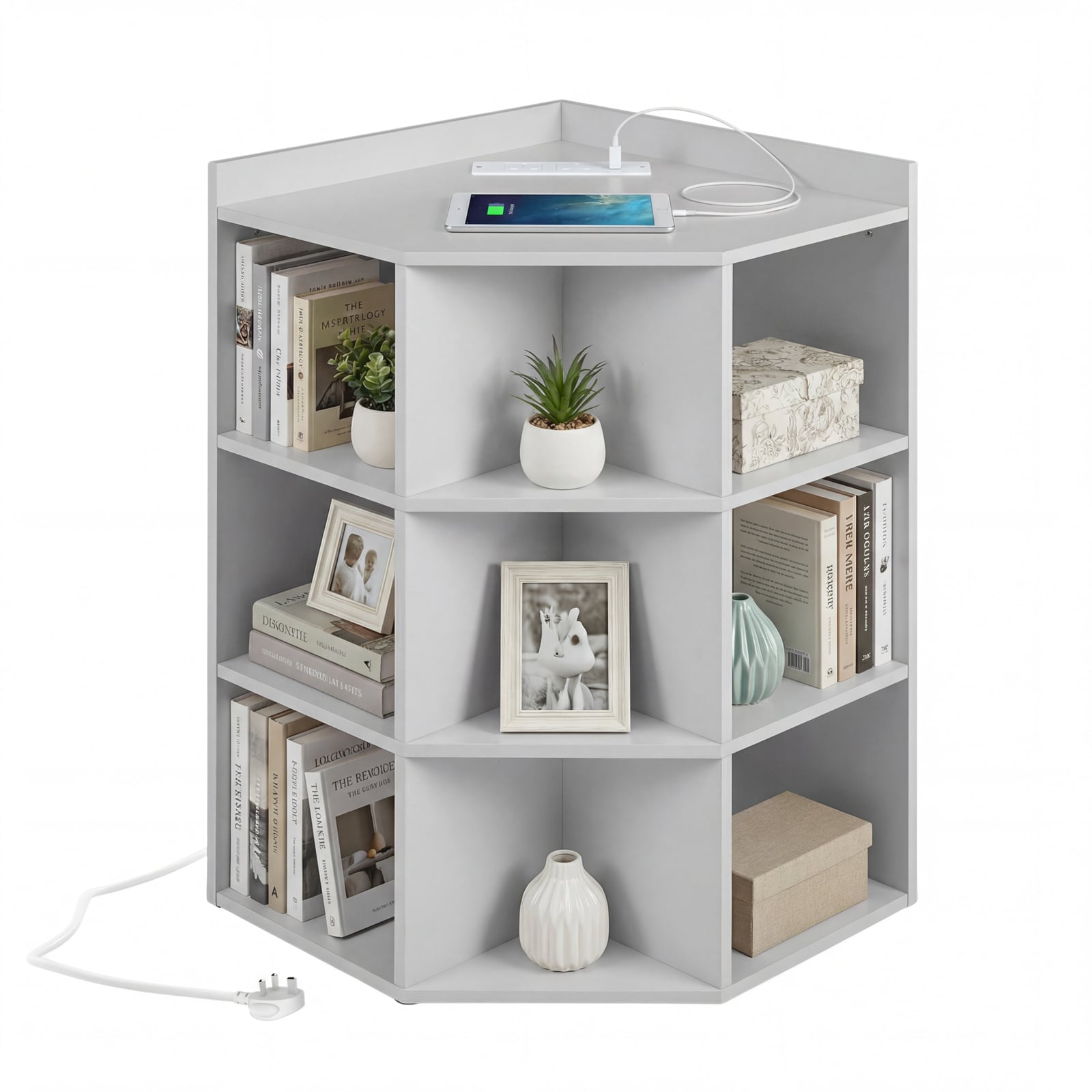 3-Tier Corner Cabinet with Charging Station and 9 Cubbies-Light Grey