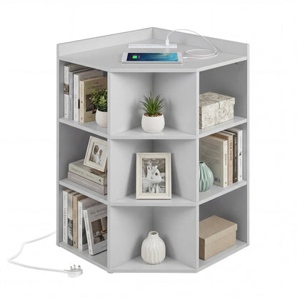 3-Tier Corner Cabinet with Charging Station and 9 Cubbies-Light Grey