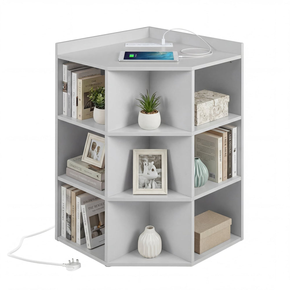 3-Tier Corner Cabinet with Charging Station and 9 Cubbies-Light Grey