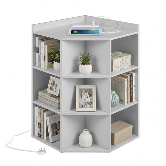 3-Tier Corner Cabinet with Charging Station and 9 Cubbies-Light Grey