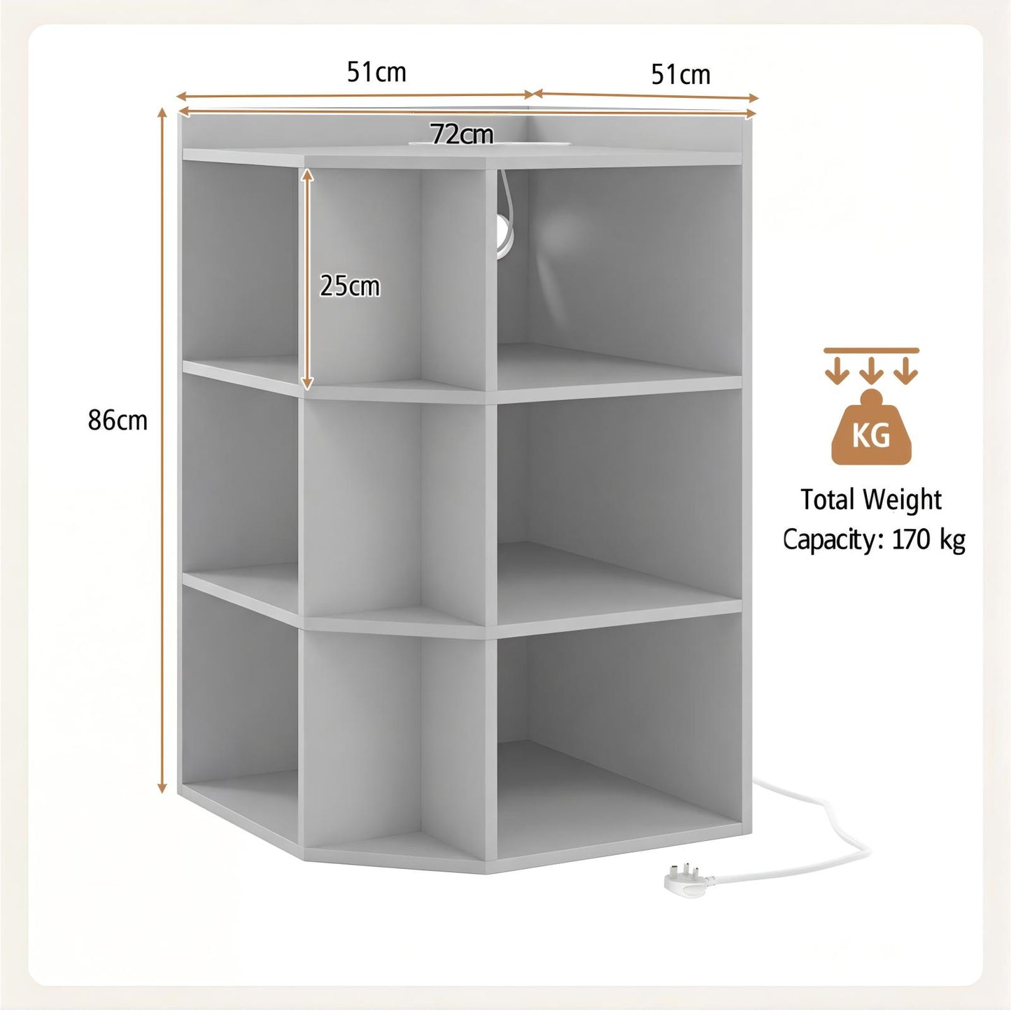 3-Tier Corner Cabinet with Charging Station and 9 Cubbies-Light Grey