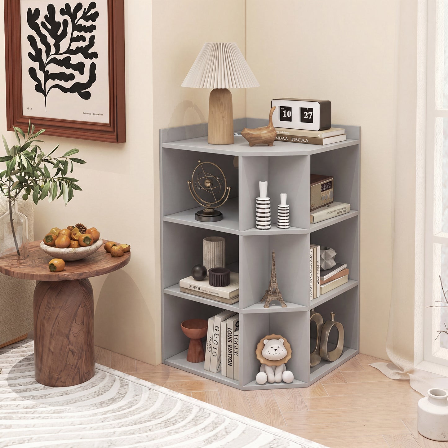 3-Tier Corner Cabinet with Charging Station and 9 Cubbies-Light Grey