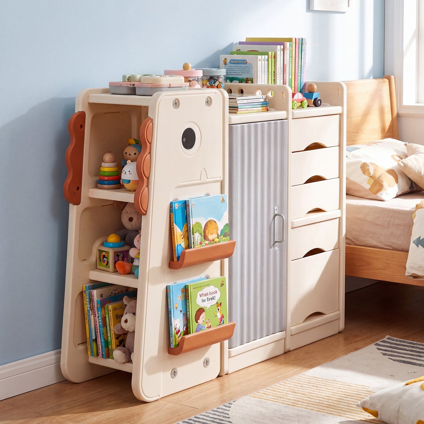 3-Tier Dinosaur Toy Chest with 5 Removable Bins and 2 Shelvesfor Playroom-Beige