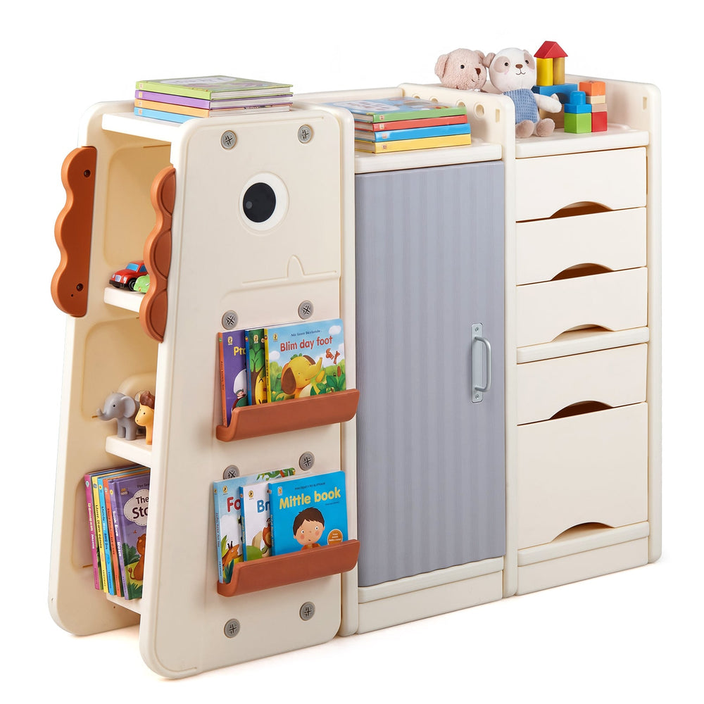 3-Tier Dinosaur Toy Chest with 5 Removable Bins and 2 Shelvesfor Playroom-Beige