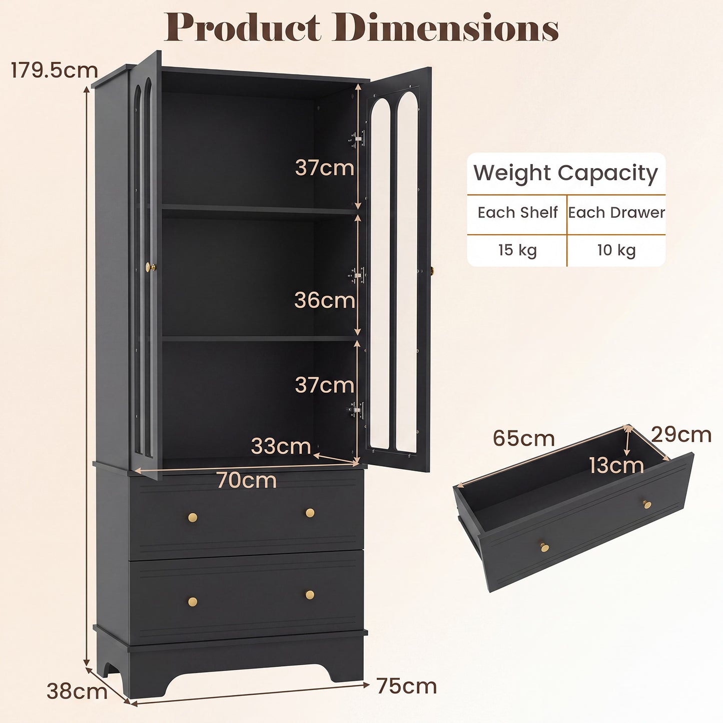 3-Tier Display Storage Cabinet with 2 Drawers and Metal Handles-Black