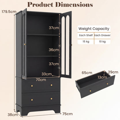 3-Tier Display Storage Cabinet with 2 Drawers and Metal Handles-Black