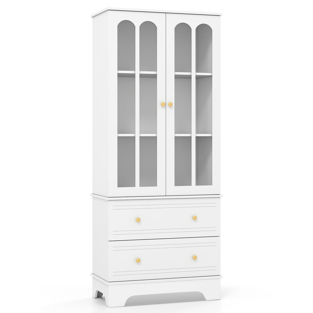 3-Tier Display Storage Cabinet with 2 Drawers and Metal Handles-White